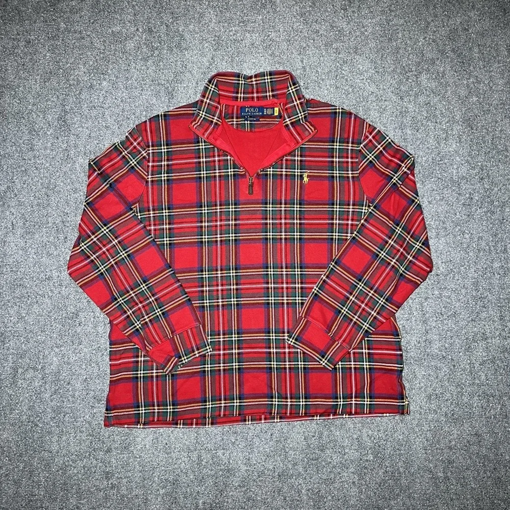 Polo Ralph Lauren Estate Rib Quarter-Zip Madras Plaid Pullover Sweater Men XL
